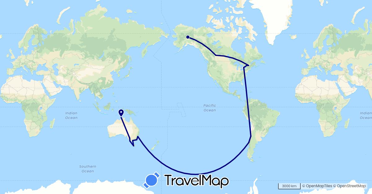 TravelMap itinerary: driving in Australia, Canada, Chile, United States (North America, Oceania, South America)